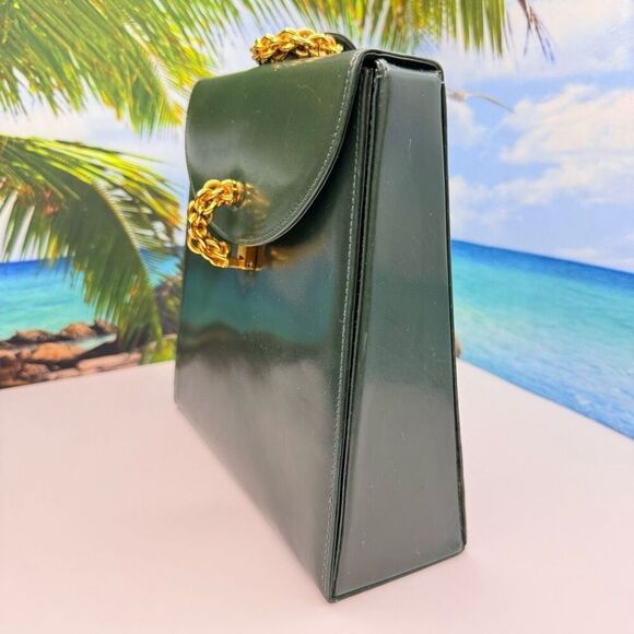 Paloma Picasso Vintage Green Leather Structured Handbag w/ Gold Chain Accent - Picture 3 of 14